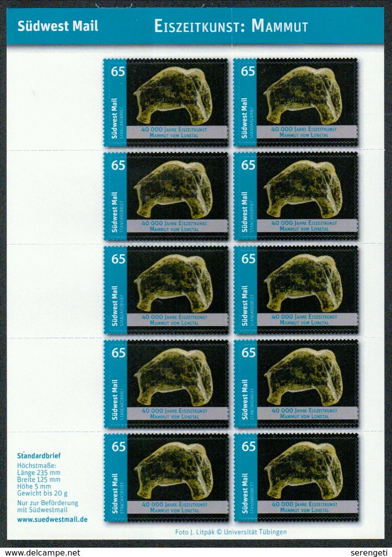 Deutschland SüdwestMail Klb. 'Elfenbein-Mammut, Lonetal' / Germany Sh. 'Ivory Mammoth From The Lone Valley' **/MNH 2017 - Vor- U. Frühgeschichte