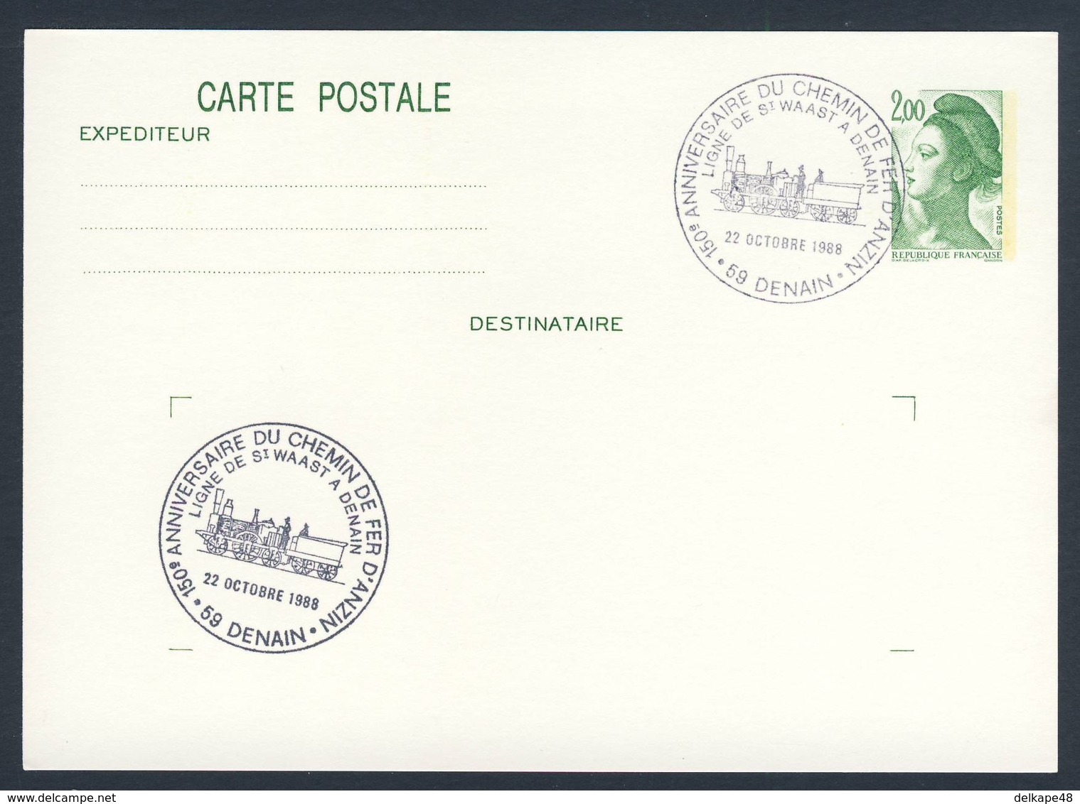 France Rep. Française 1988 Card / Karte / Carte - 150 Ann. Chemin De Fer D'Anzin, Ligne St. Waast - Denain  / Eisenbahn - Treinen