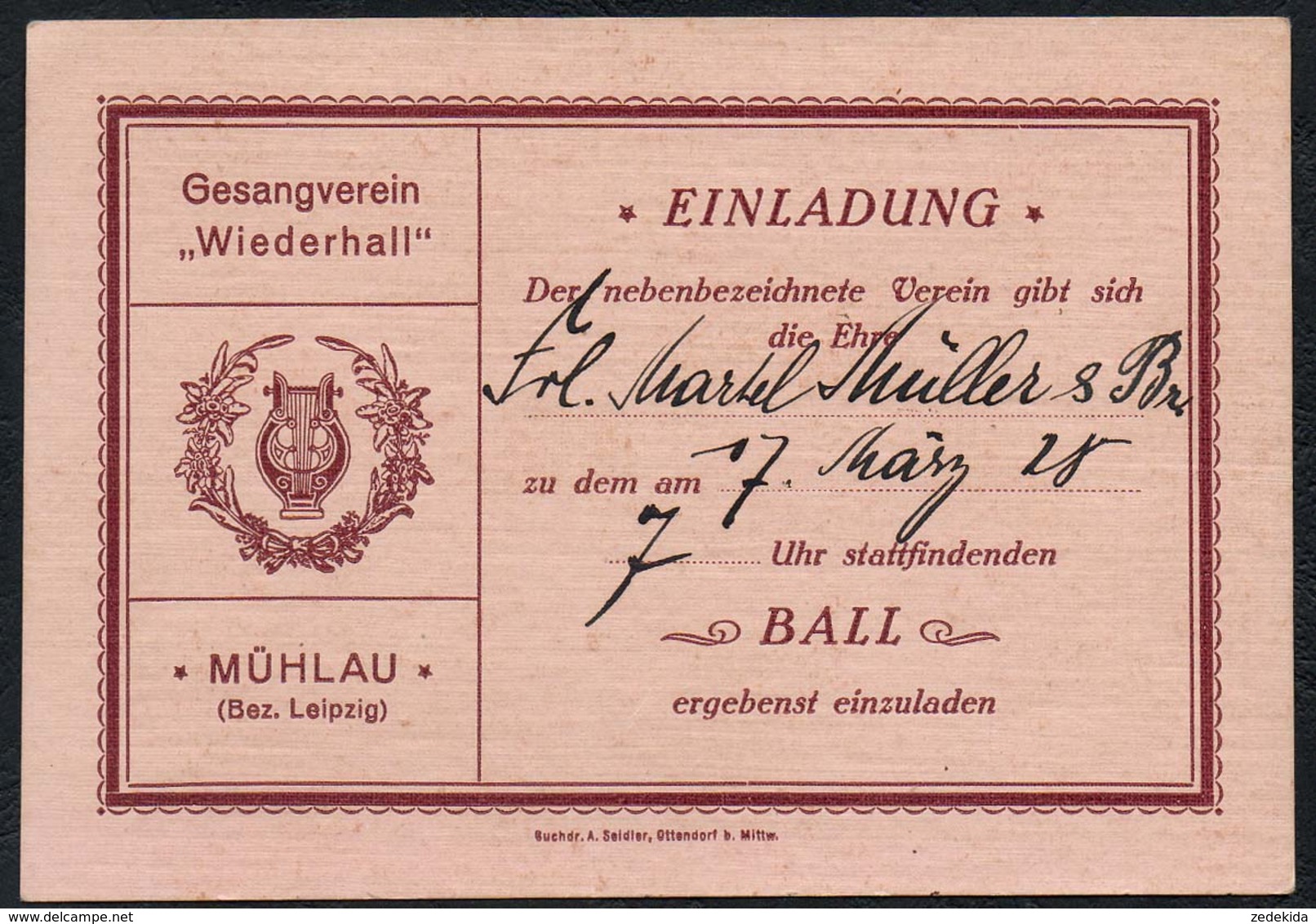 C0286 - TOP Mühlau - Gesangverein Wiederhall - Einladung Eintrittskarte Ball - Stempel Rückseite - A Seidler Ottendorf - Eintrittskarten