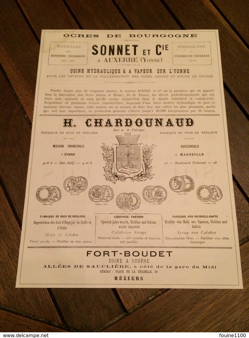 1880 Ocres De Bourgogne SONNET à AUXERRE Sucs De Réglisse CHARDOUNAUD à NIMES Raffinerie De Salpêtres LAFOND à BORDEAUX - 1800 – 1899