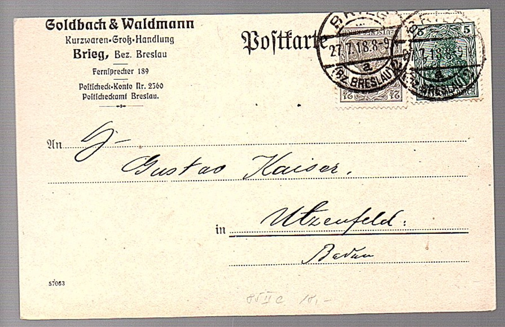 Goldbach & Waldmann  Kurzwaren Brieg Bezirk Breslau > Gustav Kaiser Bürstenfabrik Utzenfeld (Re4-41) - Briefe U. Dokumente