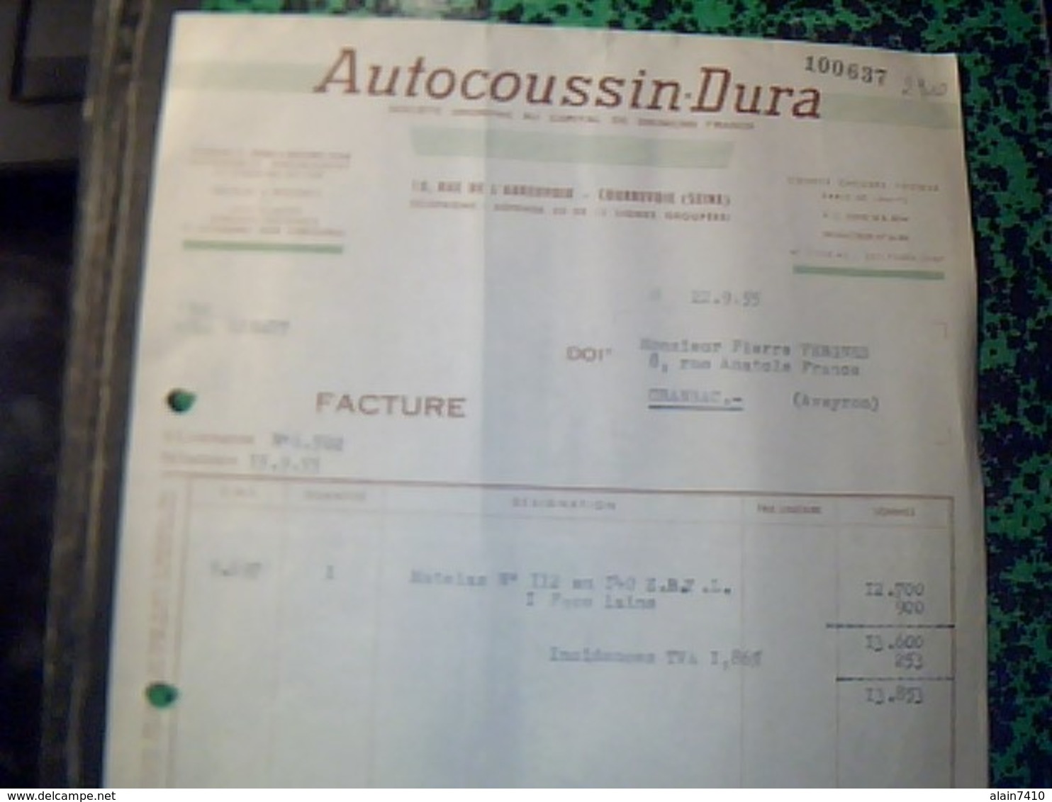 Facture Annee 1955 AUTO/COUSSIN DURA A Courbevoie  Coussins Et Sieges Auto - Cars