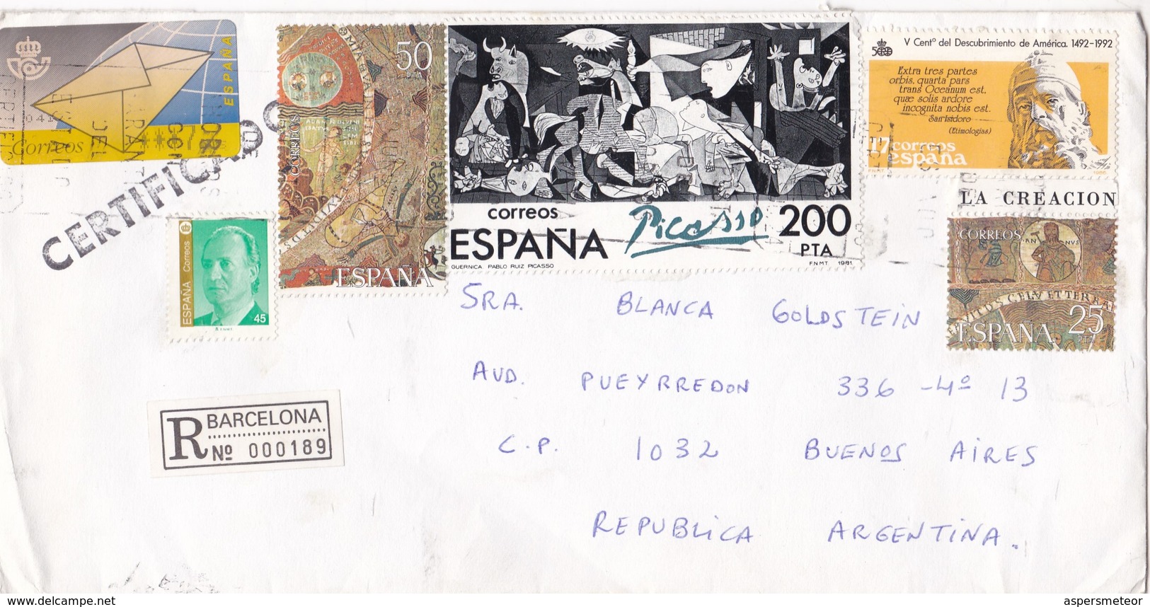 ENVELOPPE CIRCULEE 1990 BARCELONA A BUENOS AIRES. MIXED STAMP. RECOMMANDE, AUTRES MARQUES - BLEUP - Brieven En Documenten