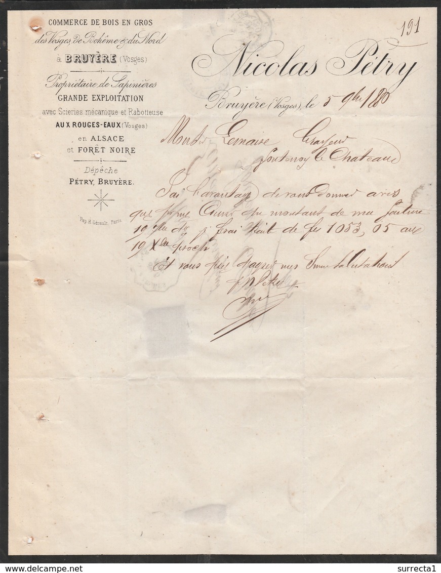 Lettre Facture 1880 / Nicolas PETRY / Commerce Bois Vosges, Bohême, Nord / Propr. Rouges-Eaux / 88 Bruyères - 1800 – 1899