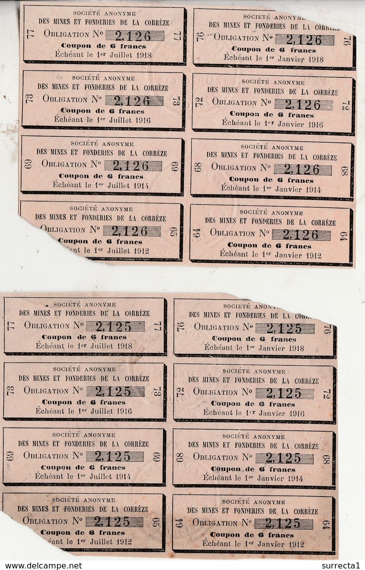 Coupons Obligation Mines Et Fonderies De La Corrèze / 1912 à 1918 - Autres & Non Classés