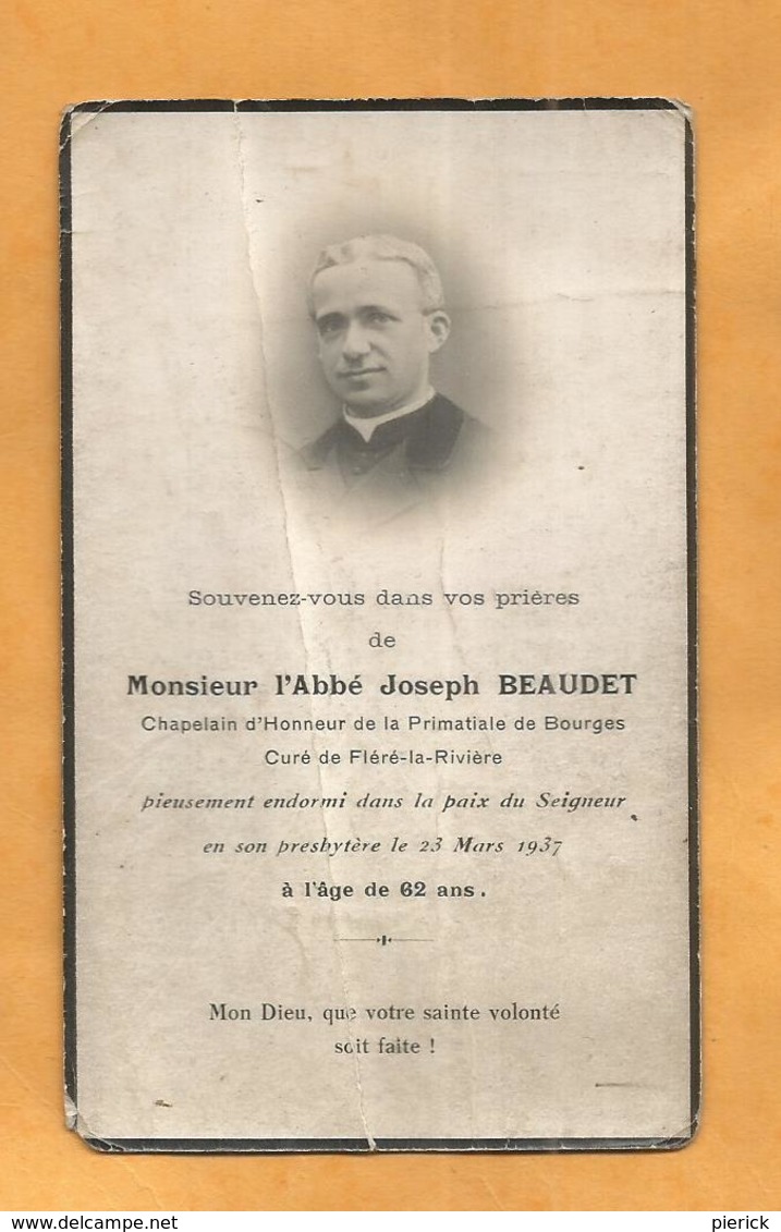CARTE MORTUAIRE GENEALOGIE FAIRE PART DECES ABBE BEAUDET BOURGES FLERE LA RIVIERE 1875 1937 - Esquela