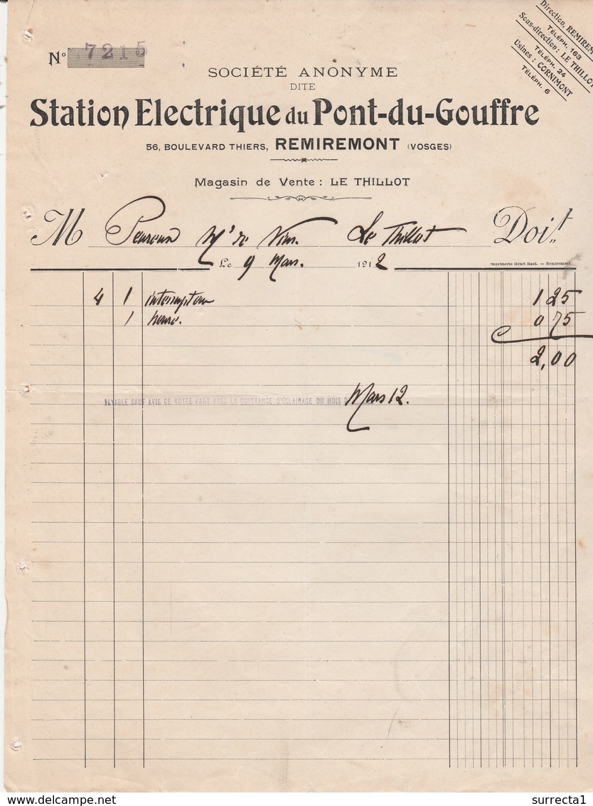 Facture 1912 / Station électrique Du Pont Du Gouffre / 54 Bd Thiers / Magasin Le Thillot / 88 Remiremont Vosges - 1900 – 1949