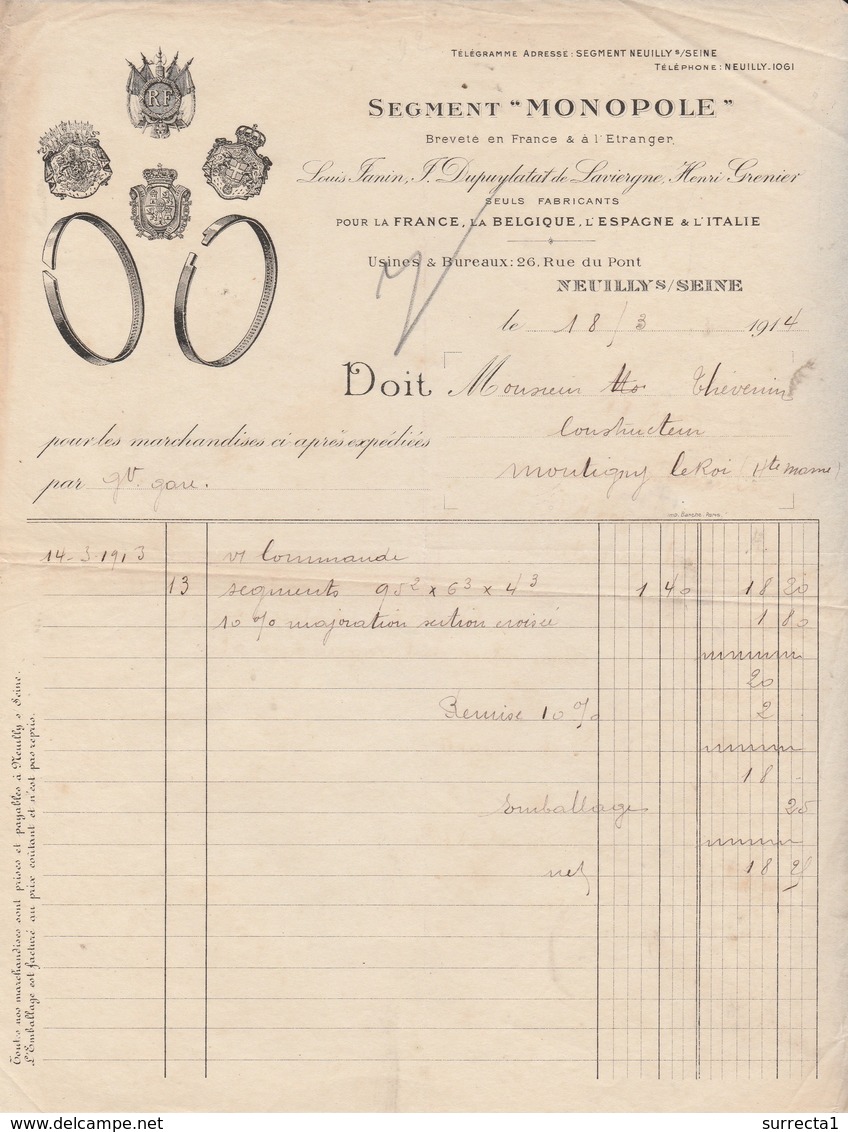 Facture 1914 / Segment Monopole / Automobiles / 26 Rue Du Pont / Neuilly Sur Seine 92 - Automobile