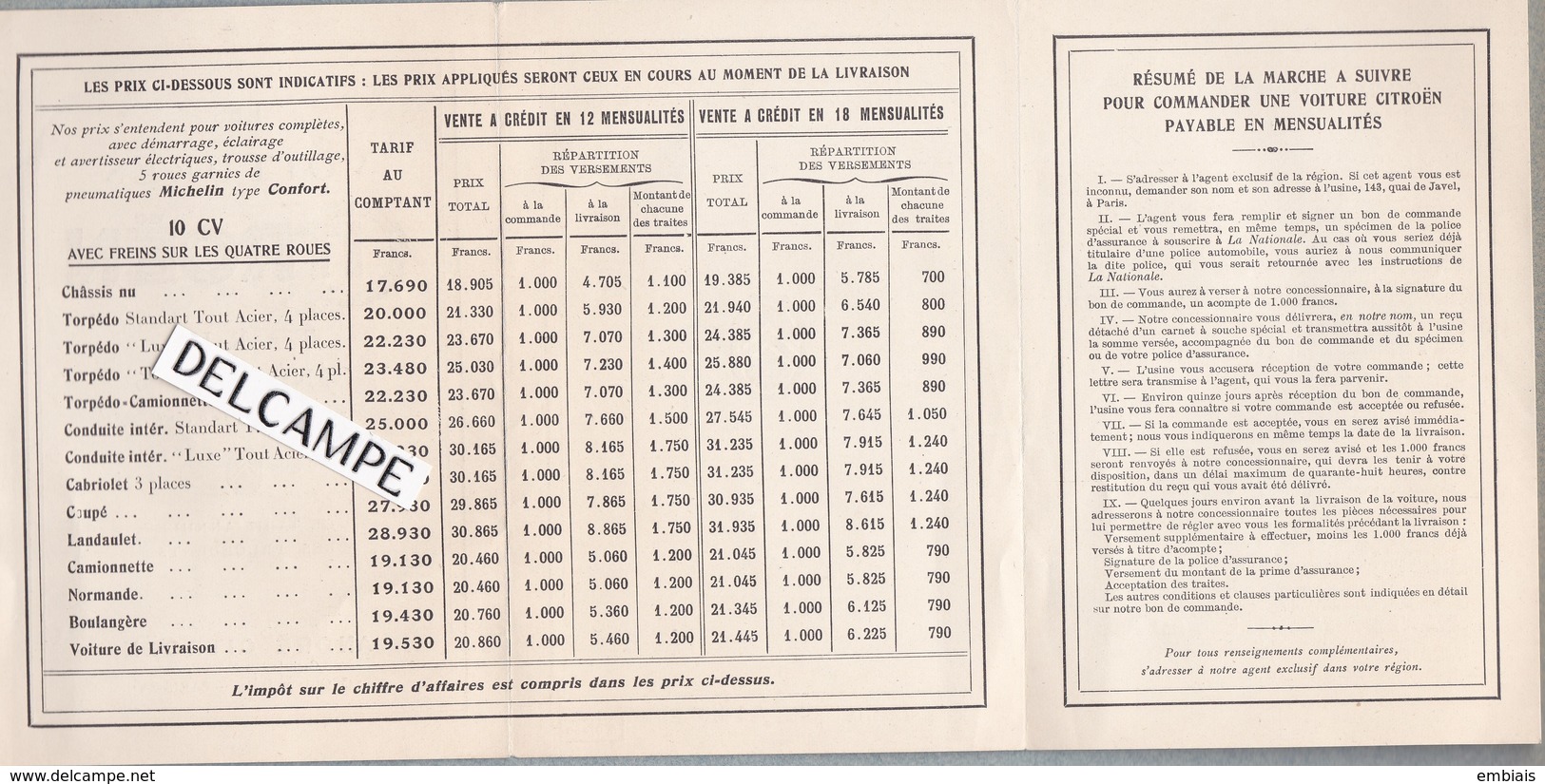 Les Voitures CITROEN 10 CV .Dépliant Tarifaire 1926 Tarif Général N°6 .AC.359 - - Cars