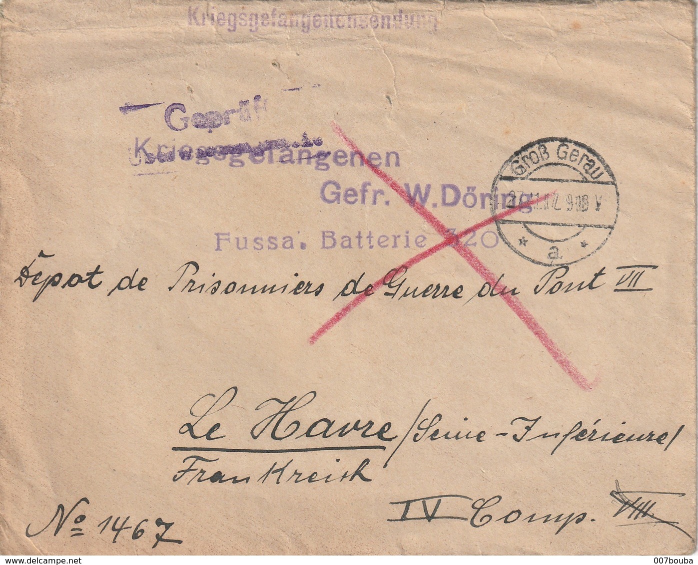 WW1 - Enveloppe Geprüft De Gross Gerau Vers Le Havre ( Dépôt De Prisonniers De Guerre Du Pont VII) - Lettres & Documents