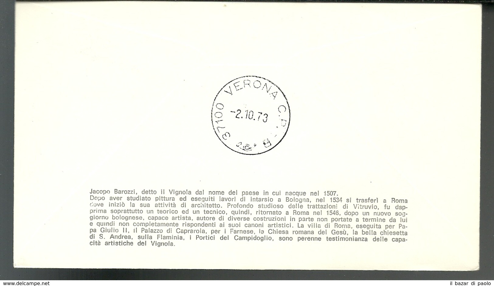 REF 50 - FDC ROMA - 4° CENTENARIO DELLA MORTE DI JACOPO BAROZZI . IL VIGNOLA - VIAGGIATA - 21.9.1973 - FDC