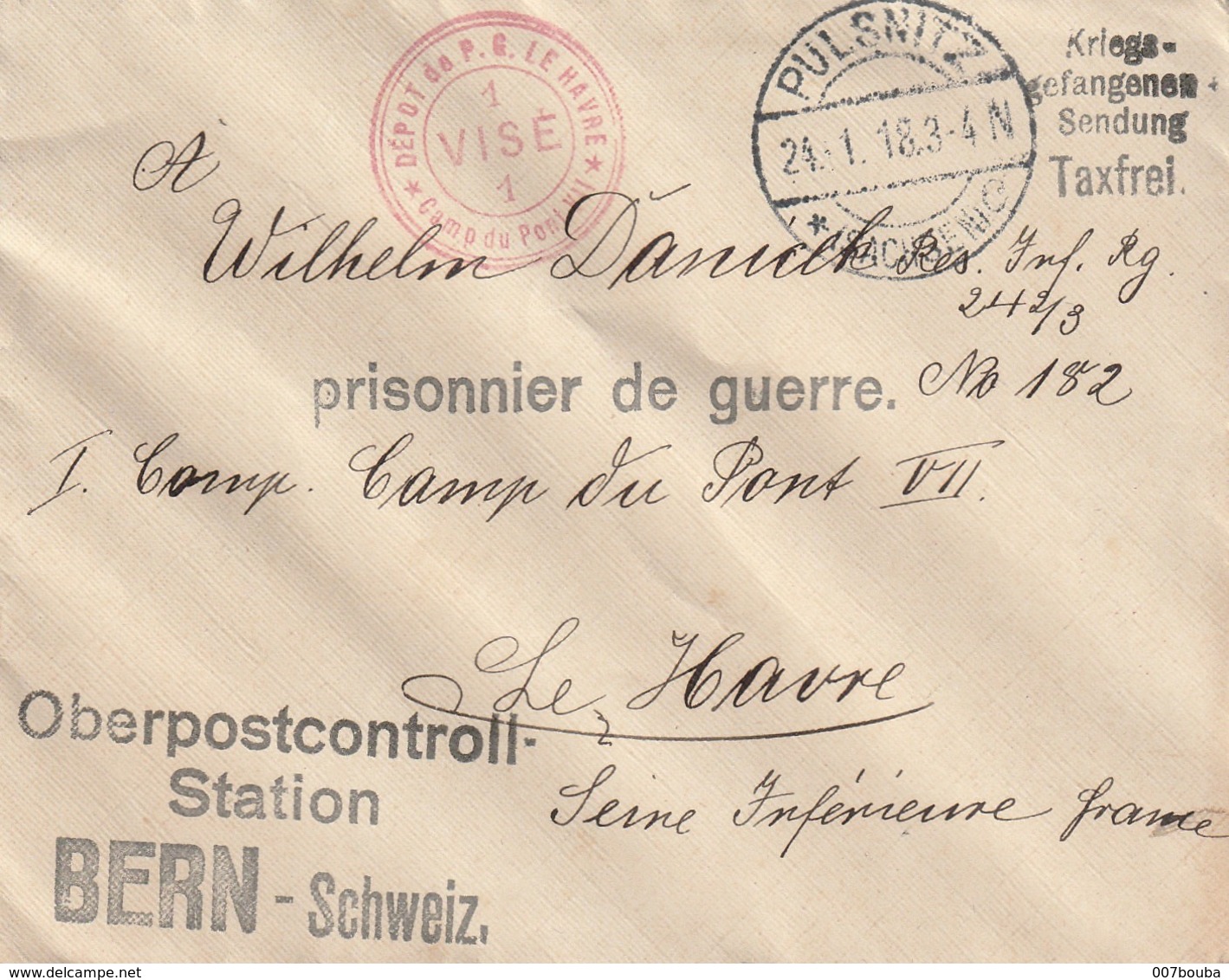 WW1 - Enveloppe Geprüft De Pulsnitz Vers Le Havre ( Dépôt De Prisonniers De Guerre Du Pont VII)- Via Bern (Suisse) - Lettres & Documents