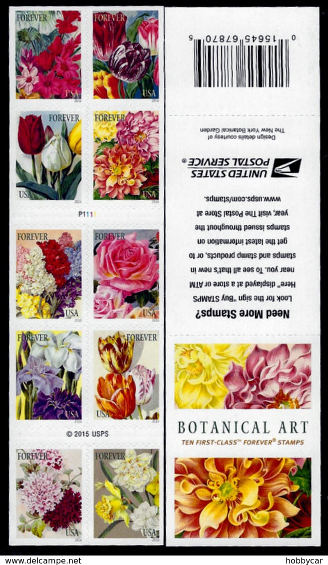 USA, 2016 Scott #5042-5051 (5051b),  Botanical Art, Single Sided Booklet Of 10.  MNH, VF - Unused Stamps