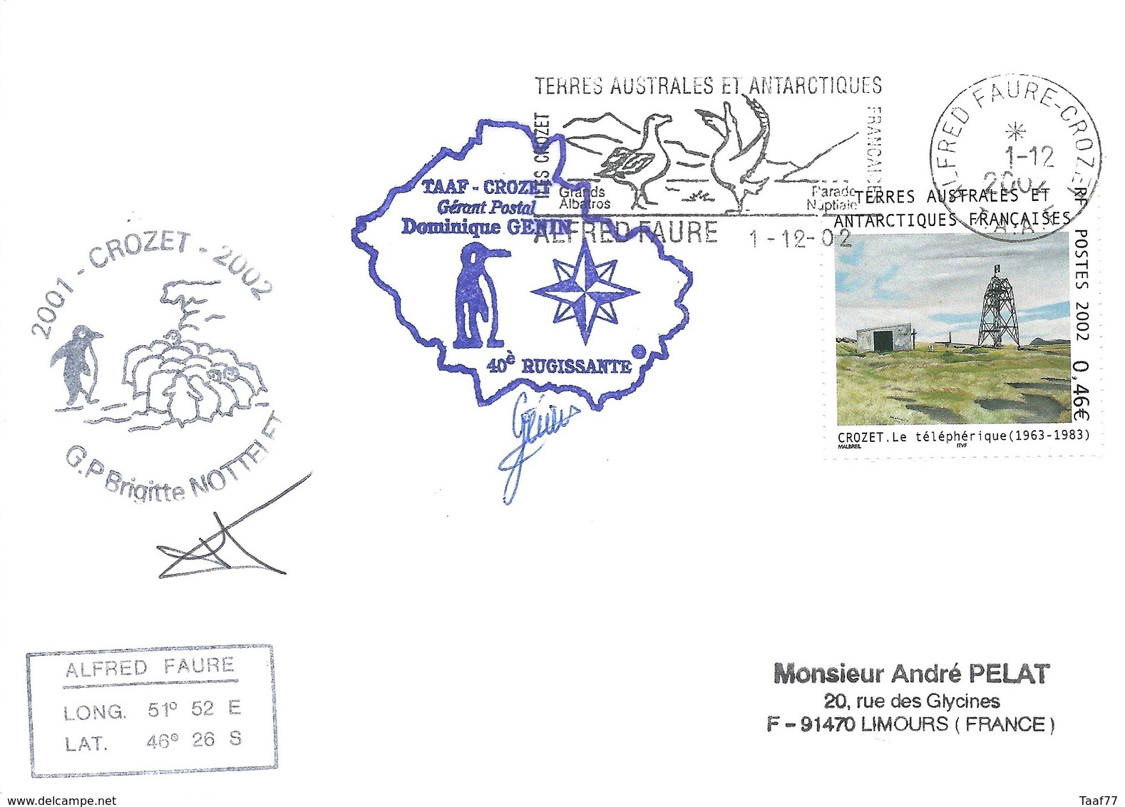 TAAF - Alfred Faure-Crozet: Lettre 39ème Mission Avec Timbre N°329 Téléphérique De Crozet + OMEC SECAP Du 01/12/2002 - Lettres & Documents