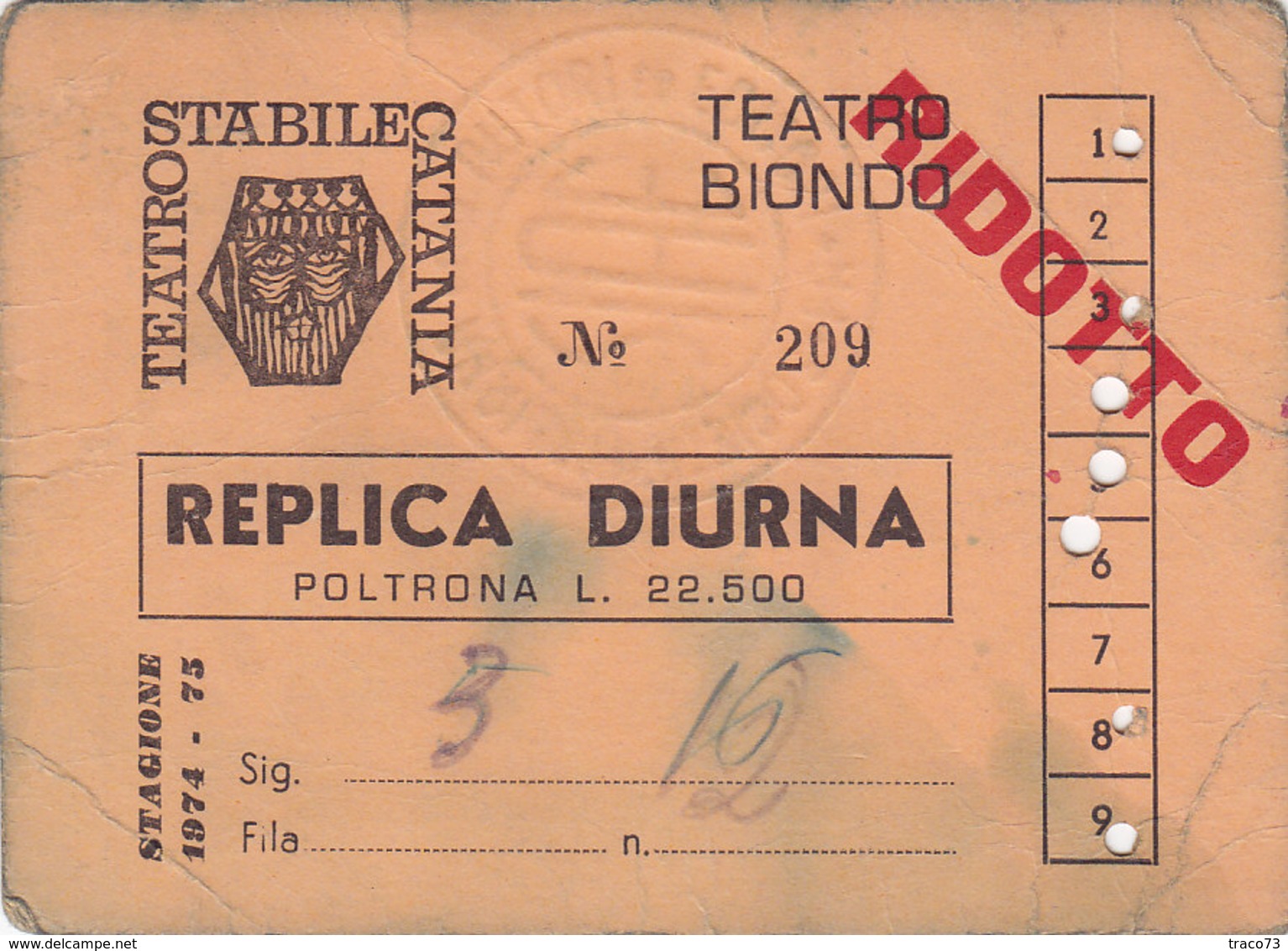 PALERMO /  Biglietto D'ingresso - TEATRO BIONDO _  Stagione 1974-75 - Biglietti D'ingresso