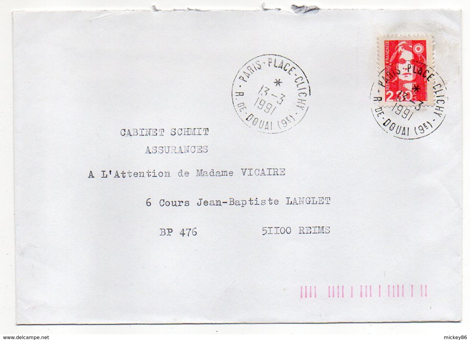 1991--lettre De PARIS PLACE CLICHY-75  Pour REIMS-51-type Marianne Bicentenaire--cachet Rond à étoile - 1961-....