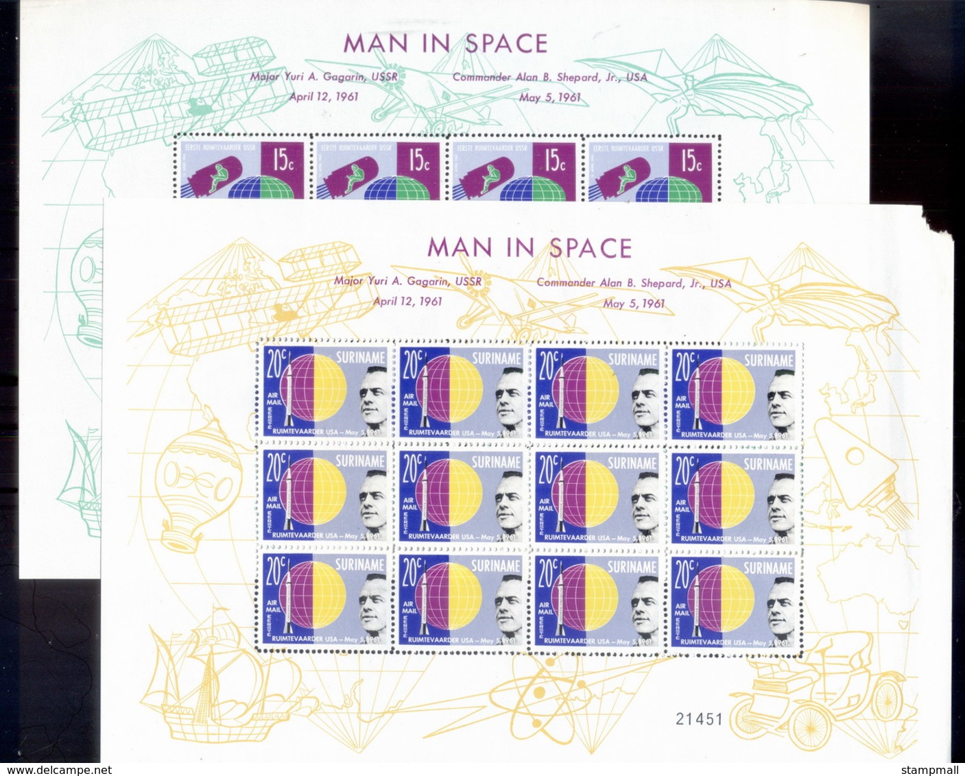 Surinam 1961 Space, Yuri Gagarin Sheetlet (20c Faulty TRC) MUH - Surinam