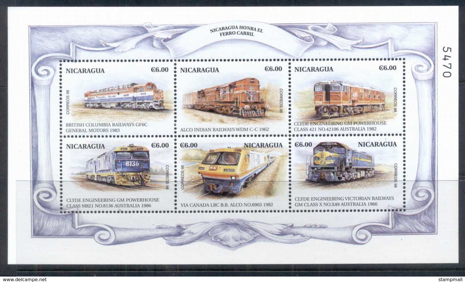 Nicaragua 1999 Trains Of The World Sheetlet 6c MUH - Nicaragua