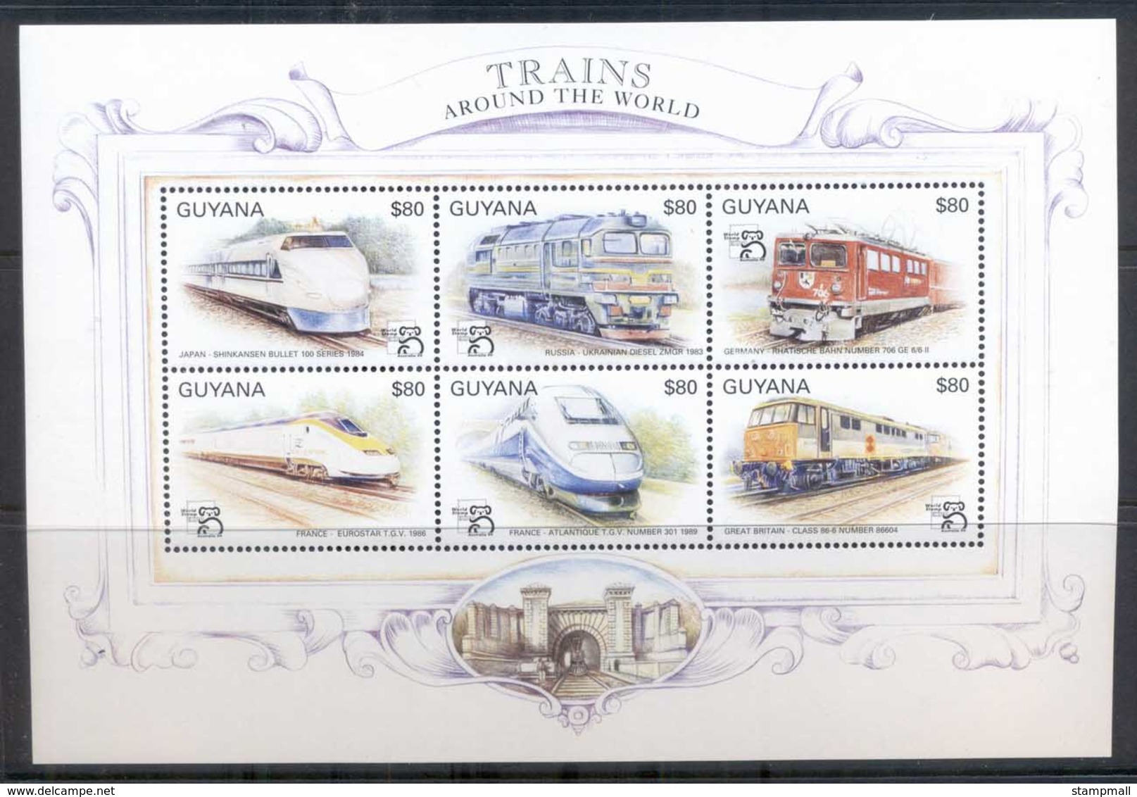 Guyana 1999 Trains Around The World, World Stamp Expo Sheetlet, Shinkansen MUH - Guyana (1966-...)