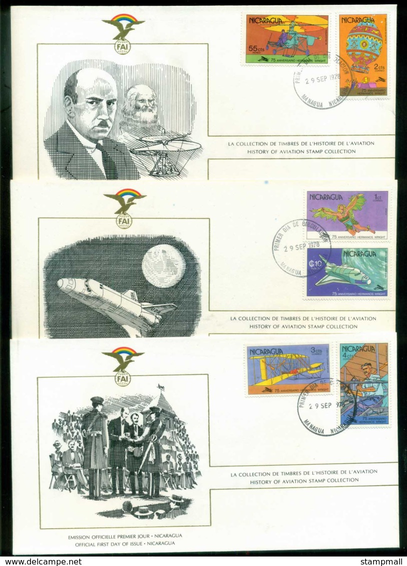 Nicaragua 1978 History Of Aviation, FAI 3xFDC Lot79571 - Nicaragua