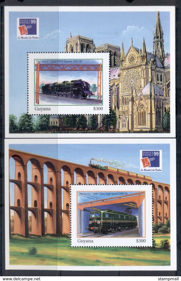 Guyana 1999 Trains, Philexfrance 2xMS MUH - Guyana (1966-...)