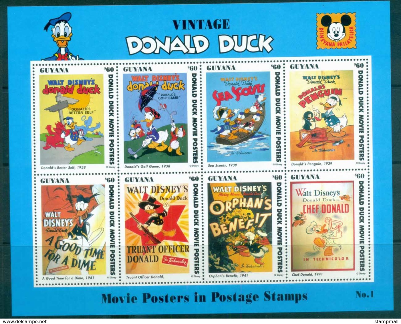 Guyana 1993 Disney, Donald Duck, Movie Posters Sheetlet #1 MUH Lot80051 - Guyana (1966-...)