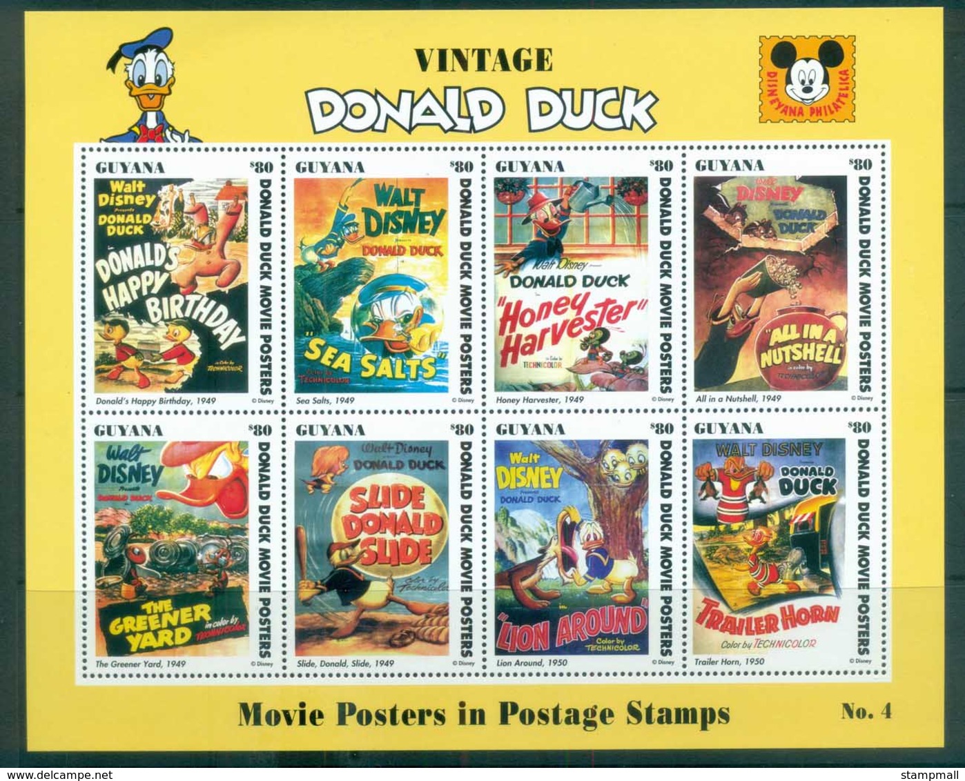 Guyana 1993 Disney, Donald Duck, Movie Posters Sheetlet #4 MUH Lot80055 - Guyana (1966-...)