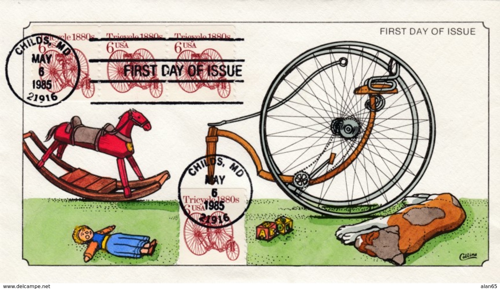 #2126 6c Tricycle Transportation Issue FDC, Collins Illustrated Envelope Childs MD, 6 May 1985 Postmark - 1981-1990