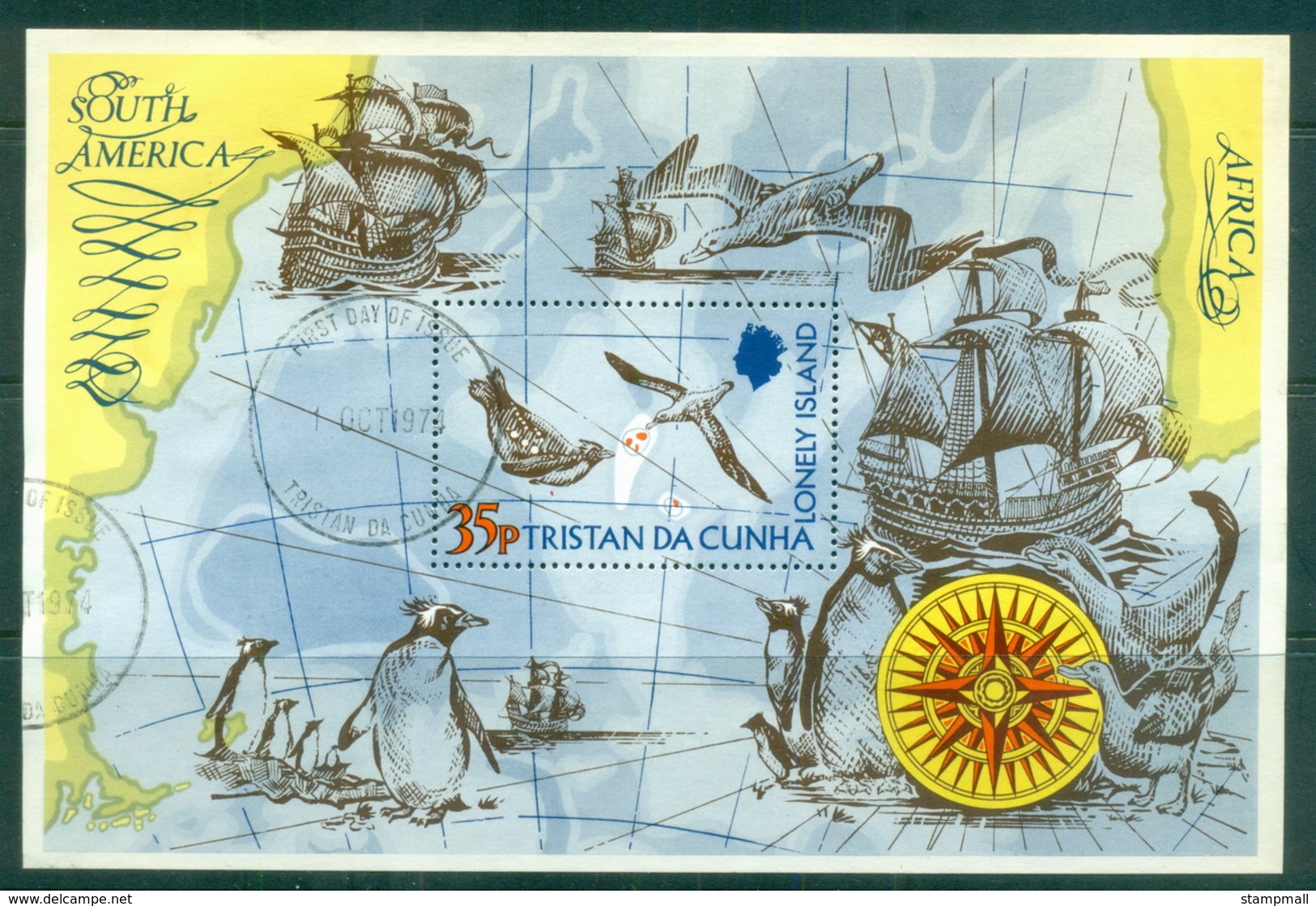 Tristan Da Cunha 1974 Map Of Island, Bird, Ship MS FU - Tristan Da Cunha