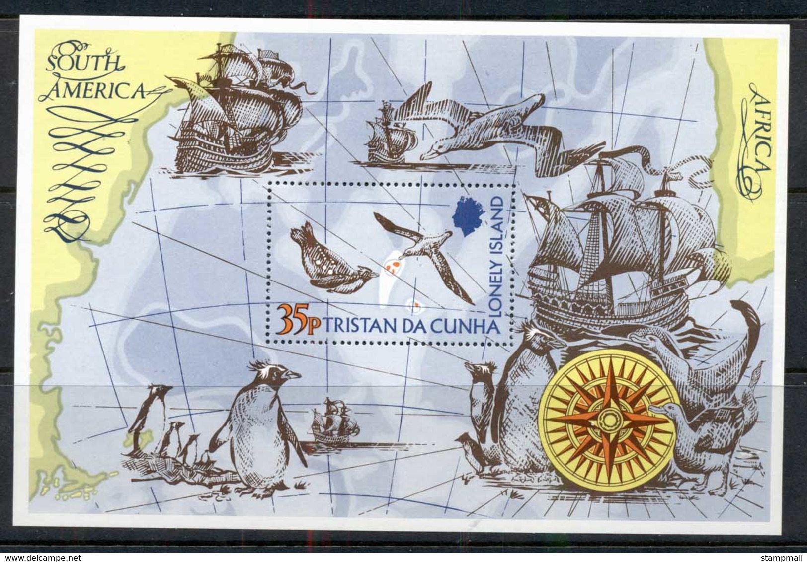 Tristan Da Cunha 1974 Map, Bird, Ship MS MUH - Tristan Da Cunha