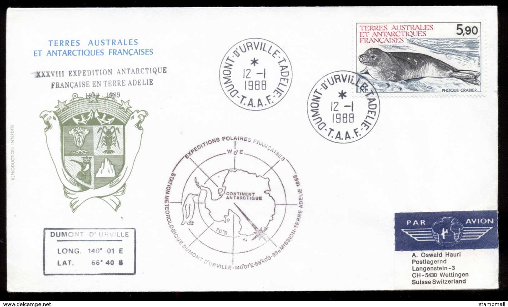 French Antarctic Territory 1988 Seal, Meterological Station, D'urville Cover - Other & Unclassified