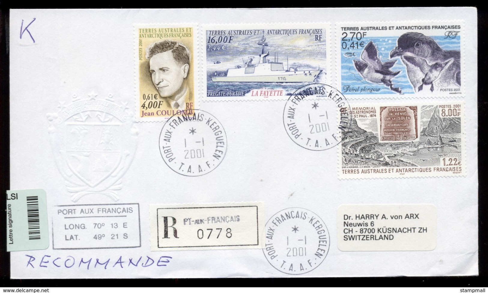 French Antarctic Territory 2001 Ship, Frigate Furtive, Explorer, Passage Of Venus, Petrel, Bird Cover - Other & Unclassified