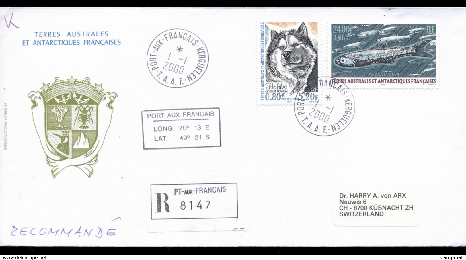 French Antarctic Territory 2000 Husky, Fish Cover - Autres & Non Classés