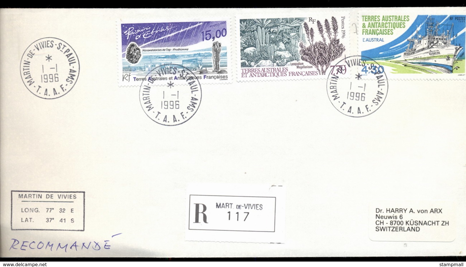 French Antarctic Territory 1996 Micro Meteorites, Sea Grass, Ship Cover - Other & Unclassified