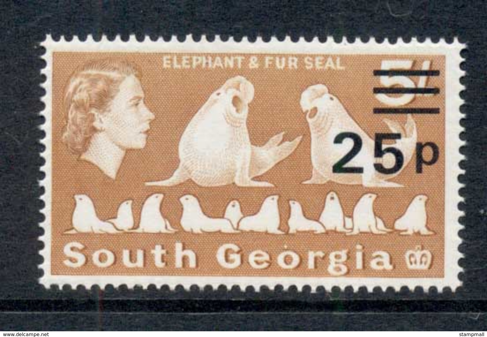 South Georgia 1971-72 QEII Pictorial Elephant & Fur Seals 25p On 5/- MUH - South Georgia