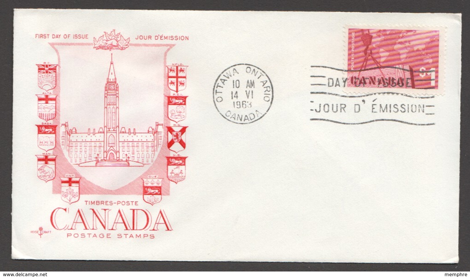 1963  $1 Canadian Exports Sc 411 RoseCraft Cachet Unaddressed - 1961-1970