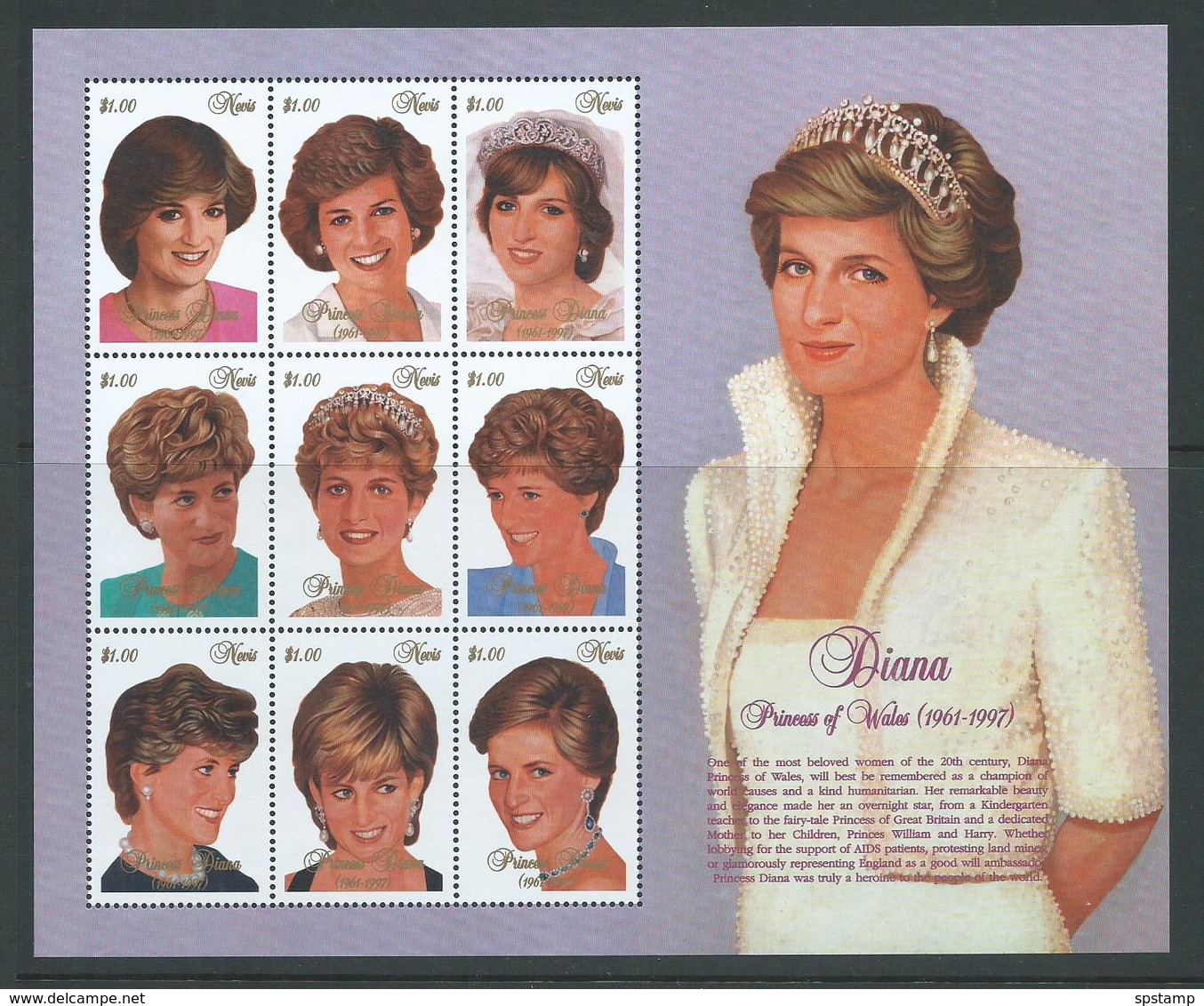 Nevis 1997 Princess Diana Memorial Sheet Of 9 Values MNH - St.Kitts And Nevis ( 1983-...)