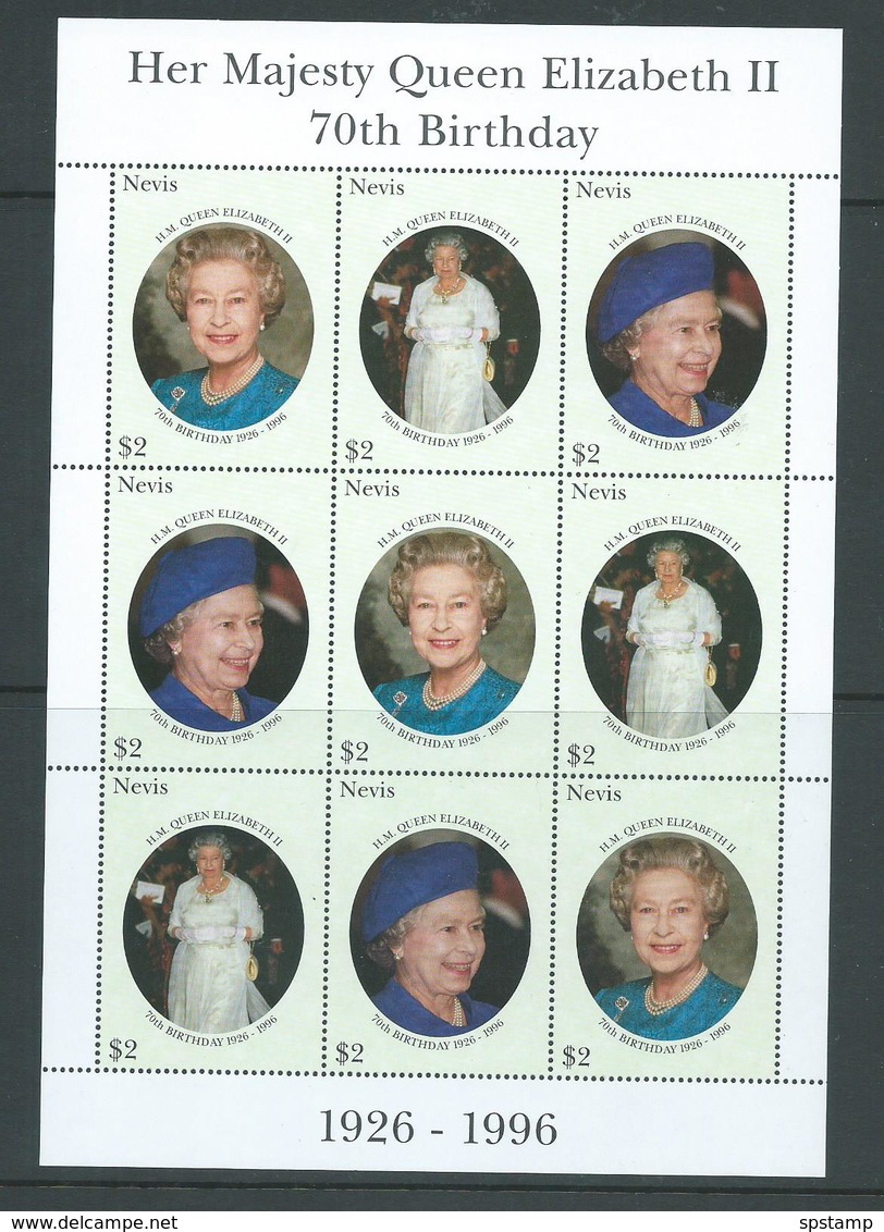 Nevis 1996 QEII 70th Birthday Sheet Of 3 Strips Of 3 MNH - St.Kitts And Nevis ( 1983-...)