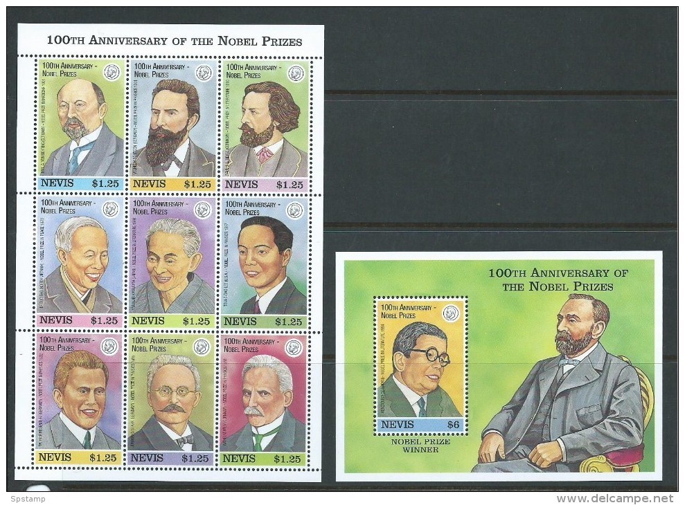 Nevis 1995 Nobel Prize Winners Sheet Of 9 & Miniature Sheet MNH - St.Kitts And Nevis ( 1983-...)