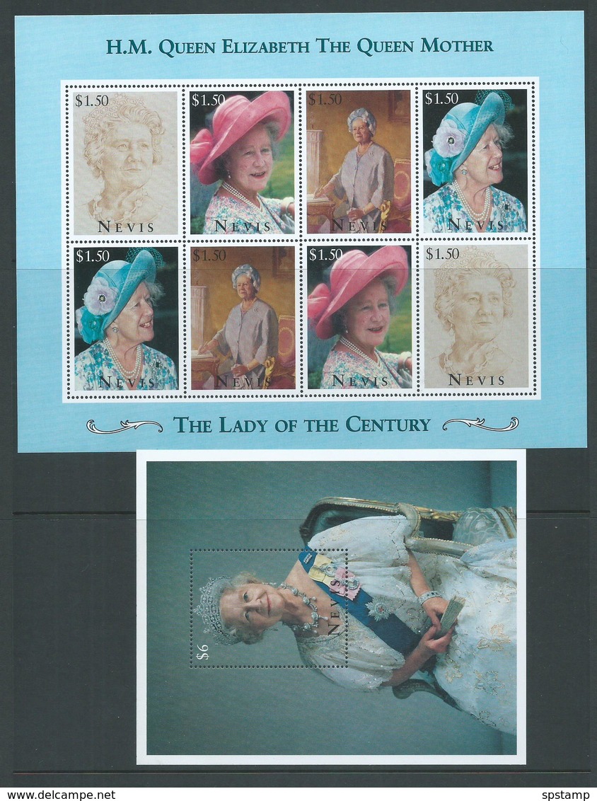 Nevis 1995 Queen Mother Sheet Of 2 Strips Of 4 & Miniature Sheet MNH - St.Kitts And Nevis ( 1983-...)