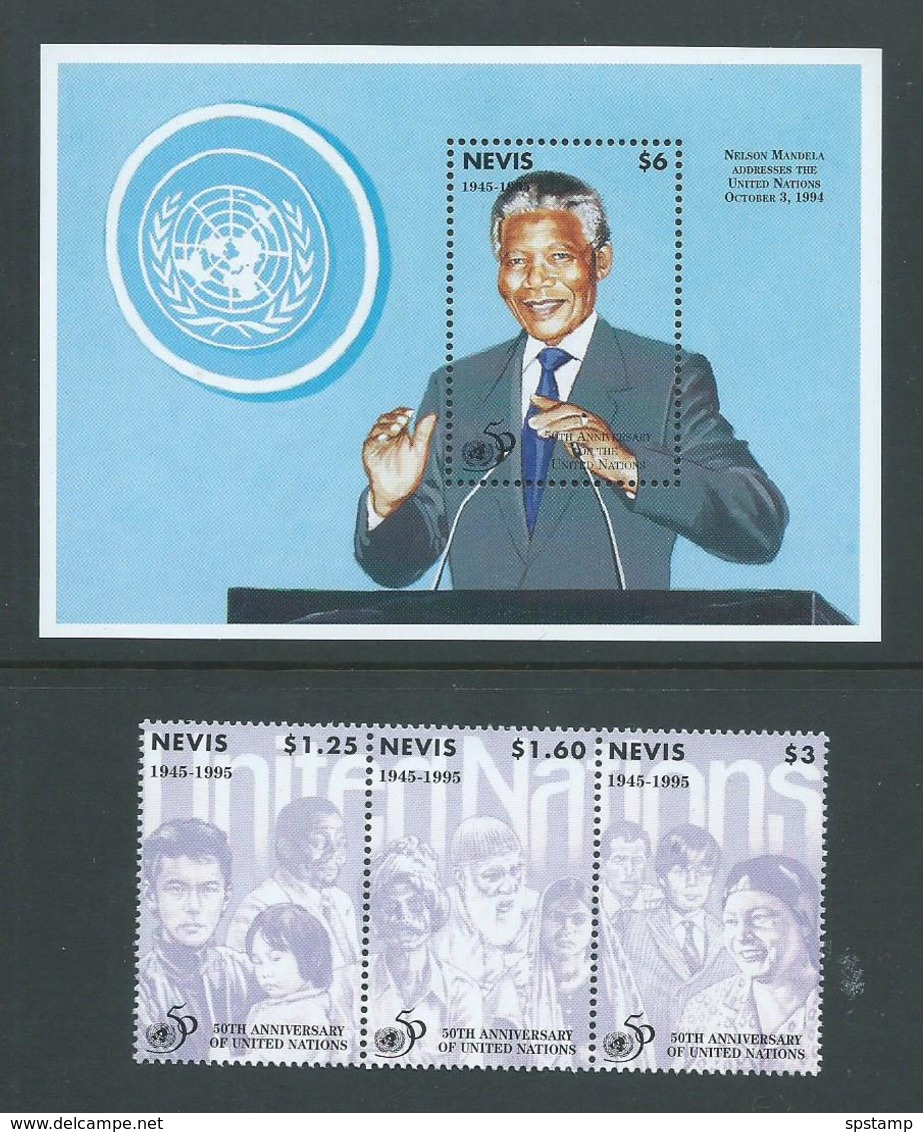 Nevis 1995 United Nations Anniversary Strip Of 3 & Mandela Miniature Sheet MNH - St.Kitts Und Nevis ( 1983-...)