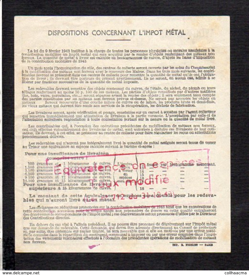 Ouistreham 14 / Militaria 1944 Avertissement Reçu établi Pour La Livraison De Métaux Non Ferreux (cuivre ) - Documents