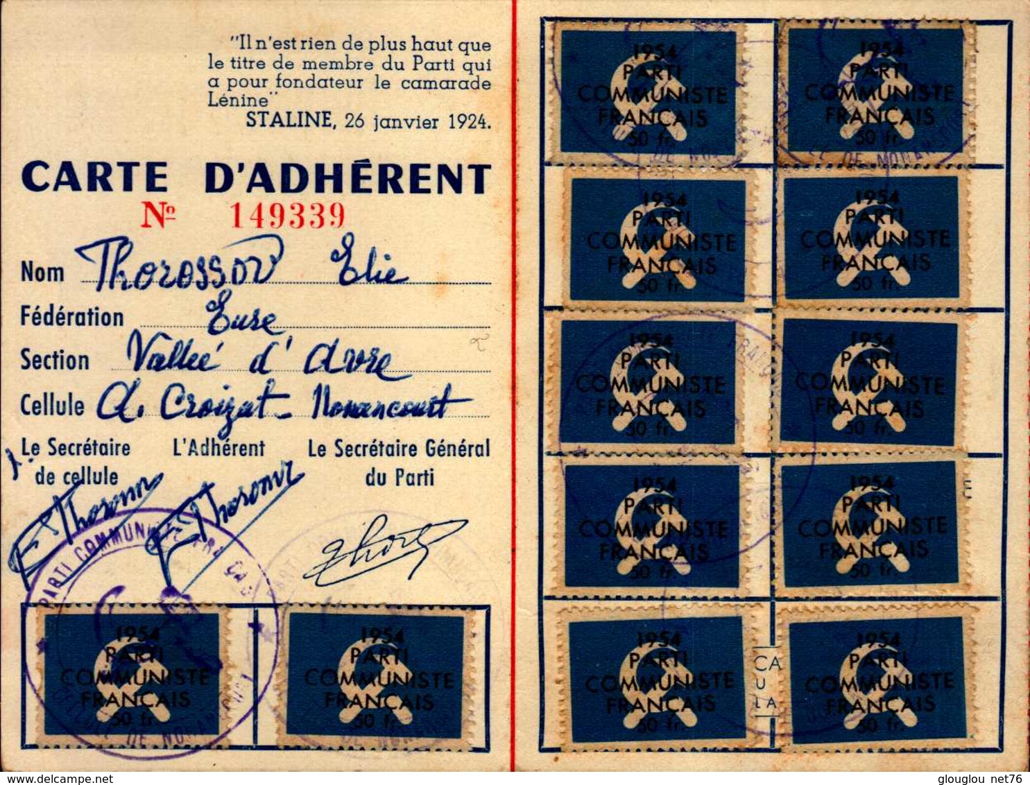 PARTI COMMUNISTE FRANCAIS..1954..CARTE D'ADHERENT - Autres & Non Classés