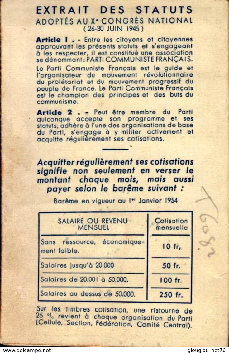 PARTI COMMUNISTE FRANCAIS..1954..CARTE D'ADHERENT - Autres & Non Classés