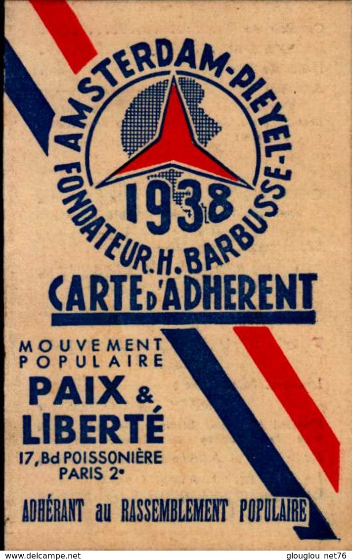 MOUVEMENT POPULAIRE PAIX ET LIBERTE ...1938 ..CARTE D'ADHERENT - Other & Unclassified