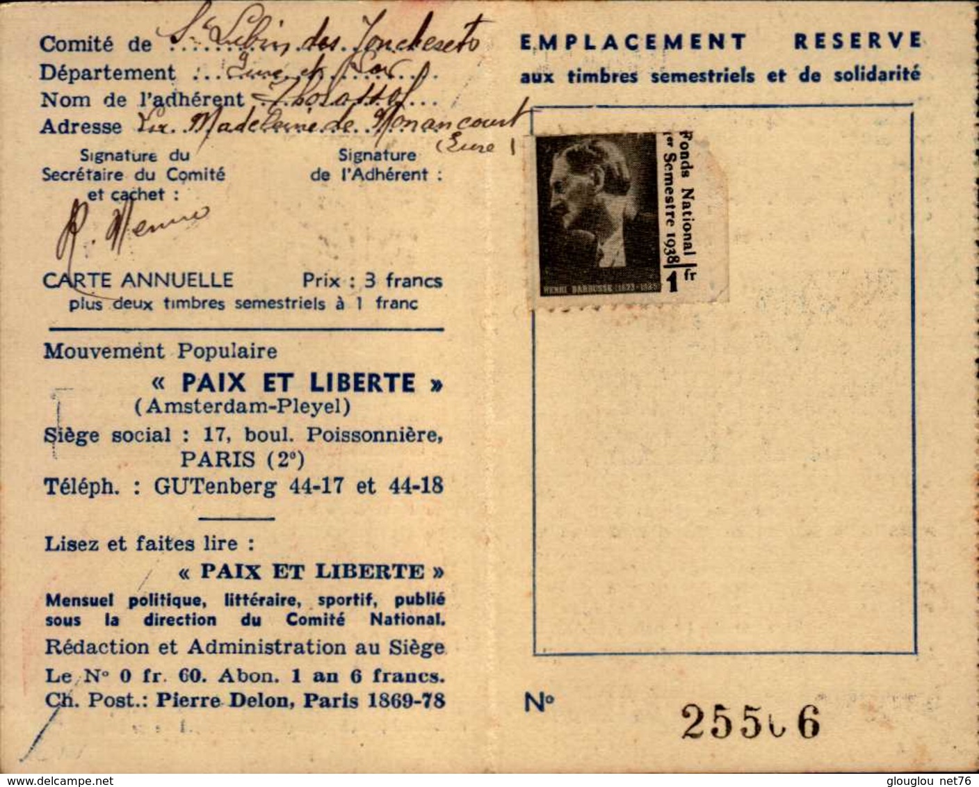 MOUVEMENT POPULAIRE PAIX ET LIBERTE ...1938 ..CARTE D'ADHERENT - Autres & Non Classés