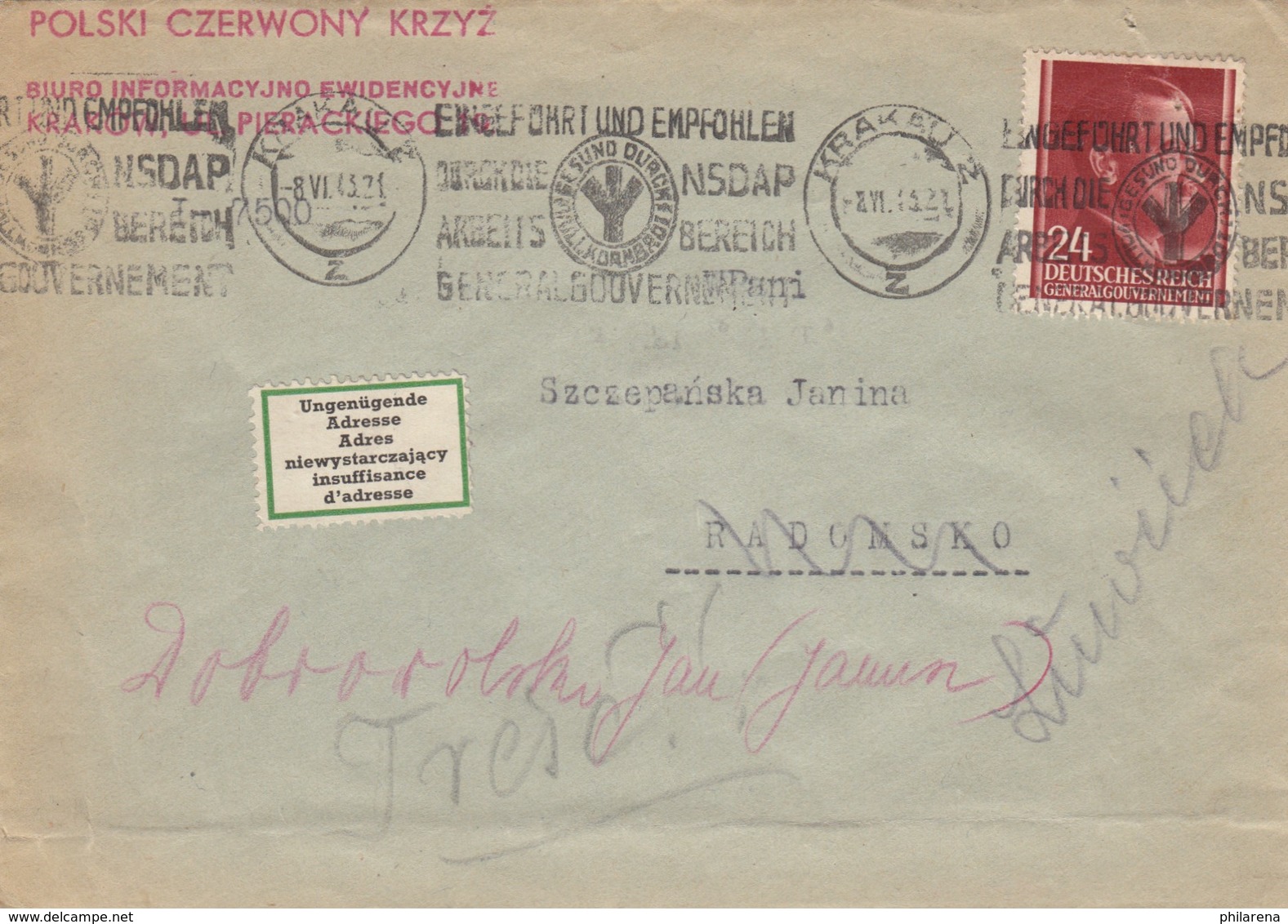 GG: Brief Poln. Rotes Kreuz Krakau Nach Radomsko Und Zurück. Klebezettel Adresse - Occupation 1938-45