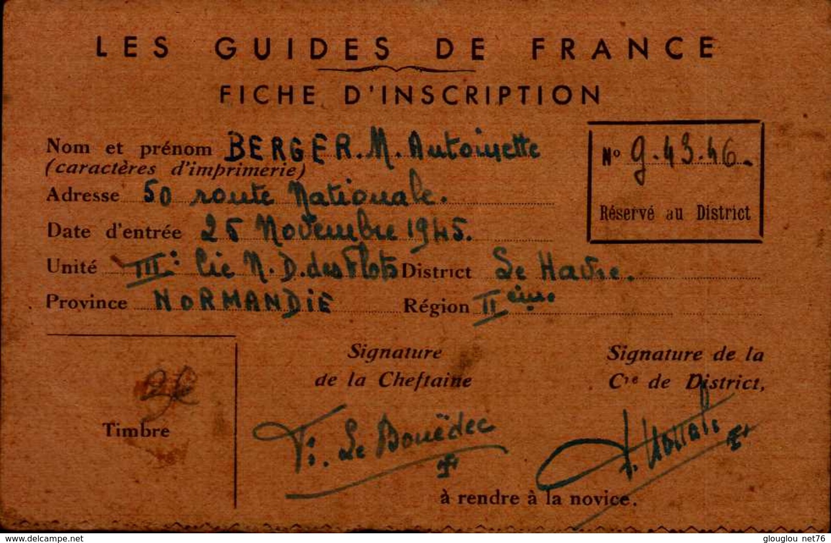 LES GUIDES DE FRANCE....FICHE D'INSCRIPTION 1946....DOS VIERGE - Autres & Non Classés