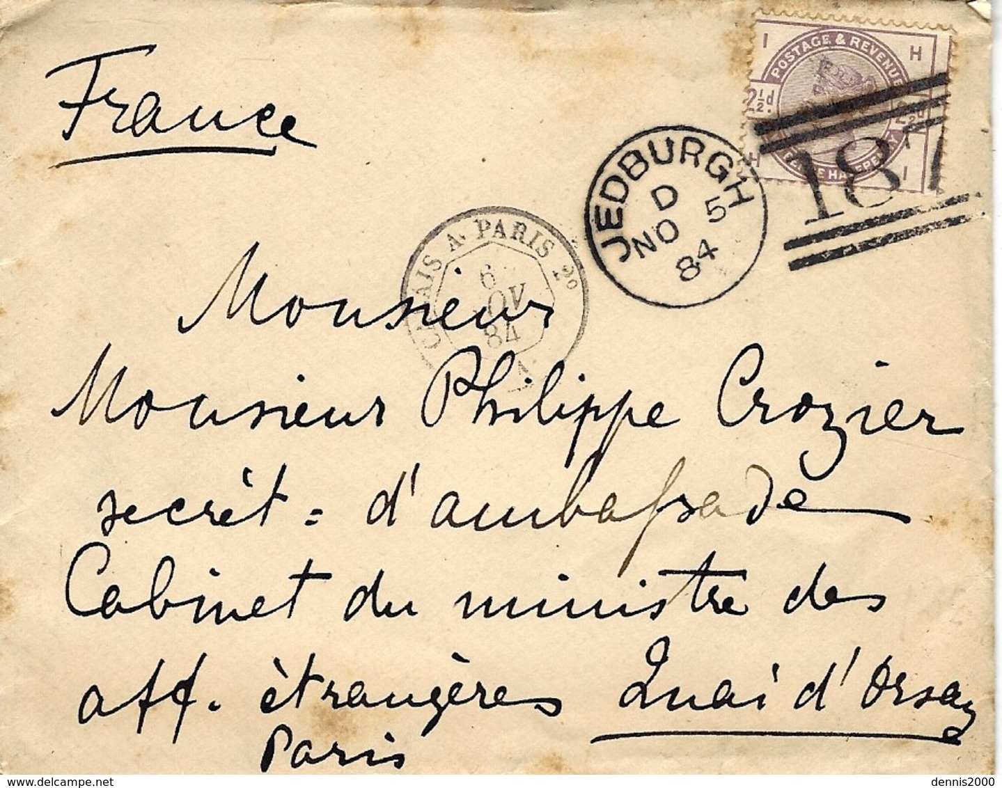 1884 - Cover From JEDBOURGH  Fr 2 1/2 P  Ann. 187  To  Paris - Lettres & Documents