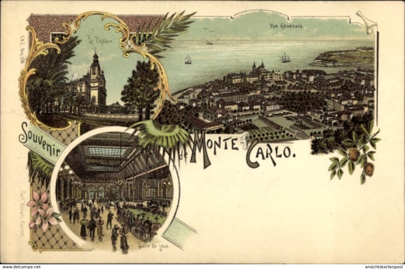 Lithographie Monte Carlo Monaco, Stadtansicht, Kasino, Roulette, Theater - Sonstige & Ohne Zuordnung